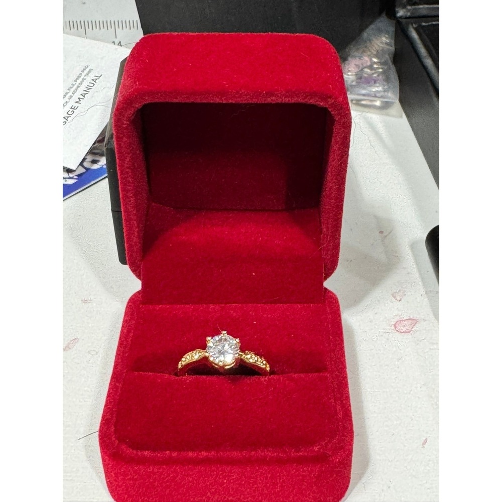 Gold Tone Round Cut Solitaire Engagement Ring with Pavé Accents one size